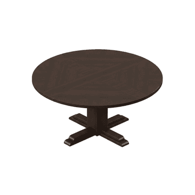 A round dining table crafted from dark stained wood, featuring a chevron pattern on its tabletop and supported by a central pedestal base with a cross-shaped foot. — 3D model (AI enhanced source)