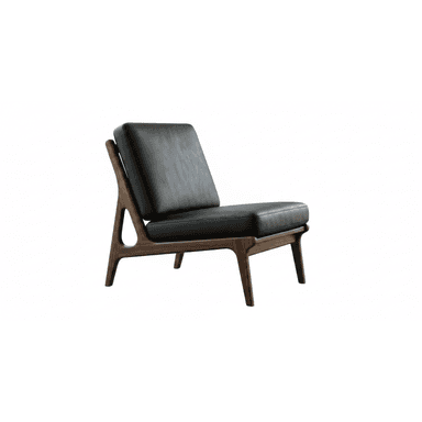 A contemporary lounge chair with a dark wood frame and black leather cushions, featuring an open, sculptural design. — 3D model (AI enhanced source)