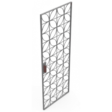 A tall, narrow, rectangular metal screen panel featuring a repeating geometric pattern of interconnected ovoid shapes. The panel is finished in a matte gray, suggesting a durable, industrial aesthetic. A small, rectangular reddish-brown handle is affixed to one vertical edge, indicating a functional aspect for opening, closing, or moving the panel. The design allows for partial visibility while offering a degree of privacy or decorative division. — 3D model (AI enhanced source)