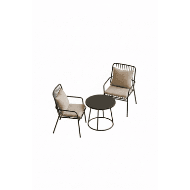 A patio bistro set consisting of two black wire-frame armchairs with light beige cushions and a round black metal side table with a solid top and ring base. — 3D model (AI enhanced source)