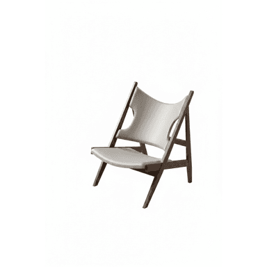A low-slung lounge chair featuring a dark stained wooden A-frame structure and light grey synthetic leather sling seat and backrest, presenting a minimalist and contemporary aesthetic. — 3D model (AI enhanced source)