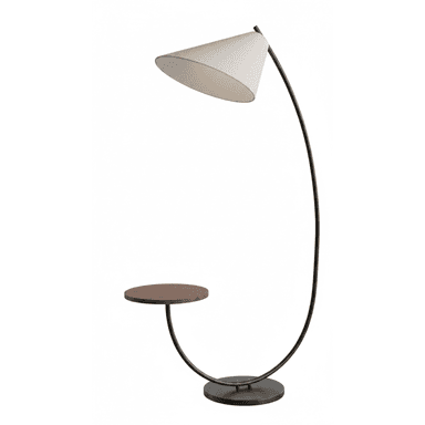A contemporary floor lamp featuring a curved black metal frame, an integrated circular dark wood side table, and a white conical fabric shade. It is supported by a round, flat black base. — 3D model (AI enhanced source)