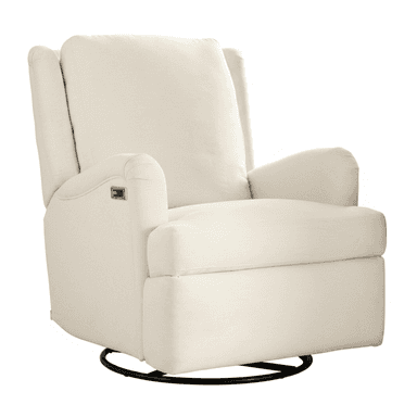 An off-white or cream-colored upholstered power recliner with a swivel and rocking base. The chair features padded track arms, a high back with slight wings, and an integrated control panel for reclining on the inner right armrest. The upholstery appears to be a textured, woven fabric. — 3D model (AI enhanced source)