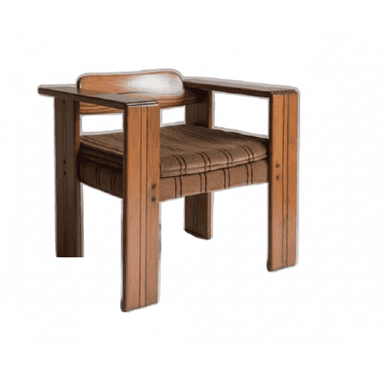 A robust armchair featuring a solid wood frame with a rectilinear design, equipped with thick, striped upholstered cushions for the seat and a low, integrated backrest. — 3D model (AI enhanced source)