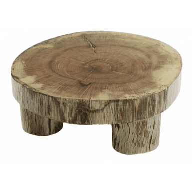 A small, circular, low-profile stand crafted from a thick slice of natural wood, featuring visible tree rings and natural cracks on its top surface, supported by three short, cylindrical legs made from matching wood. — 3D model (AI enhanced source)