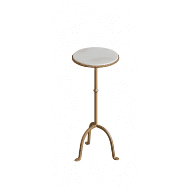 A round side table with a white marble top and a gold-finished metal base. The base has a slender, adjustable central column and three gracefully curved legs that splay outwards. The edge of the marble top is accented with a decorative braided trim. — 3D model (AI enhanced source)