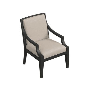 An armchair with a dark wood frame and light beige fabric upholstery on the seat and back, featuring gently curved arms and backrest. — 3D model (AI enhanced source)