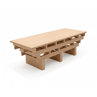 A rectangular wooden coffee table featuring a distinctive multi-tiered, slatted base crafted from light-toned wood, presented on a white background. — 3D model (AI enhanced source)