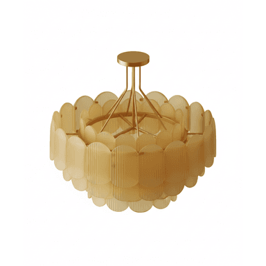A decorative chandelier featuring a tiered design with overlapping, semicircular frosted glass or acrylic shades. The structure supporting the shades and the central canopy appears to be made of polished brass or a similar gold-toned metal. The shades are arranged in concentric layers, creating a voluminous and visually interesting effect. The lighting fixture is suspended from a central rod. — 3D model (AI enhanced source)