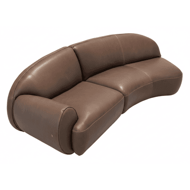 A contemporary, curved sofa upholstered in brown leather. The sofa features a modular design with distinct seating sections and plush, rounded armrests and backrests. The stitching is visible, outlining the padded sections. — 3D model (AI enhanced source)