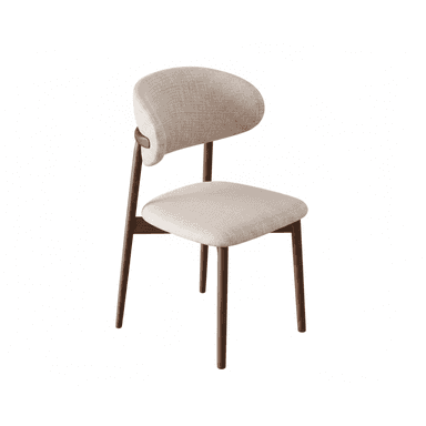 A modern dining chair featuring a dark wood frame and light-colored fabric upholstery. The chair has a distinctive curved backrest that appears to wrap around slightly, offering ergonomic support. The seat is a rectangular cushion, also upholstered in the same light fabric. The four legs are tapered and constructed from wood, providing a minimalist and stable base. The overall design suggests a contemporary aesthetic, prioritizing comfort and sleek lines. — 3D model (AI enhanced source)