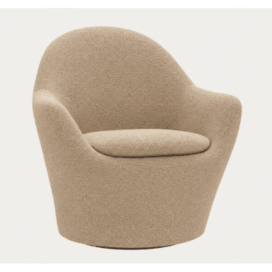 A single upholstered lounge chair featuring a distinctive sculptural and organic silhouette, entirely covered in a textured boucle fabric. The chair presents a low-profile, rounded form with integrated armrests and a thick, comfortable seat cushion. Its design emphasizes softness and fluid lines, suggesting a modern aesthetic. — 3D model (AI enhanced source)