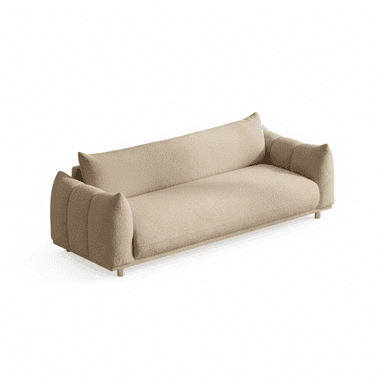A contemporary sofa featuring a distinctive sculptural form, upholstered in a textured boucle fabric in a neutral beige color. It has soft, rounded edges, subtly fluted armrests, and rests on slender cylindrical metal legs. — 3D model (AI enhanced source)