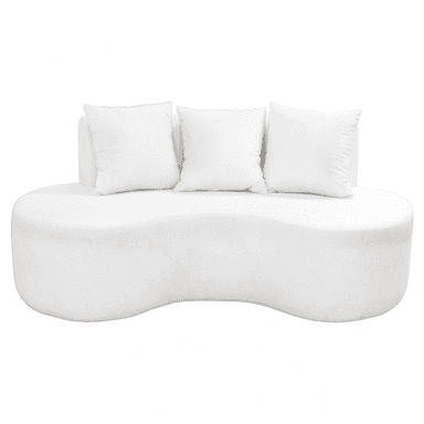 A contemporary white upholstered sofa featuring a distinctive serpentine, wavy base and a low, continuously curved backrest. It is accompanied by three square, white throw pillows, contributing to its minimalist and sculptural aesthetic. — 3D model (AI enhanced source)