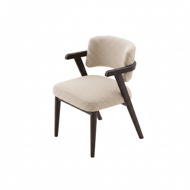 A contemporary armchair featuring a light, textured boucle upholstery on the seat and curved backrest, supported by a dark-stained wooden frame with integrated armrests and tapered legs. — 3D model (AI enhanced source)