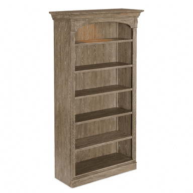 A tall, freestanding wooden bookshelf with a distressed finish, featuring decorative crown molding, an arched top panel, and fluted side pilasters. It has multiple open shelves for storage and display. — 3D model (AI enhanced source)