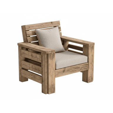 A rustic lounge chair constructed from substantial, distressed wooden planks, featuring a natural, weathered finish. It includes a thick, light gray fabric seat cushion and a matching back pillow for comfort. The chair has a blocky, sturdy design with slatted armrests and backrest, indicative of outdoor or casual indoor use. — 3D model (AI enhanced source)