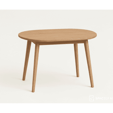 An oval-shaped side table made entirely from light-toned wood, featuring a simple, modern design with four round, tapered legs. The wood grain is visible, and the overall appearance is clean and minimalist. — 3D model (AI enhanced source)
