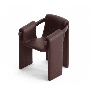 A sculptural armchair featuring a continuous padded form in deep burgundy, appearing to wrap around a visible dark wood structural frame to create the seat, back, armrests, and legs. — 3D model (AI enhanced source)