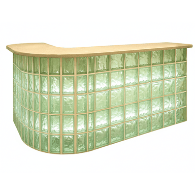 A curved reception desk or bar constructed with glass blocks. The glass blocks have a textured, translucent surface and are arranged in a grid pattern, with vertical and horizontal framing elements visible. The countertop is a solid, flat surface with rounded edges, extending slightly beyond the base. The overall construction suggests a functional piece designed for serving or reception. — 3D model (AI enhanced source)
