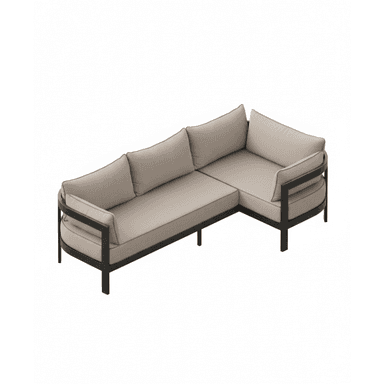 An L-shaped sectional sofa featuring a dark-colored metal frame and light beige fabric cushions. The design is modern and minimalist, with clean lines and integrated armrests. The cushions have distinct darker piping. — 3D model (AI enhanced source)