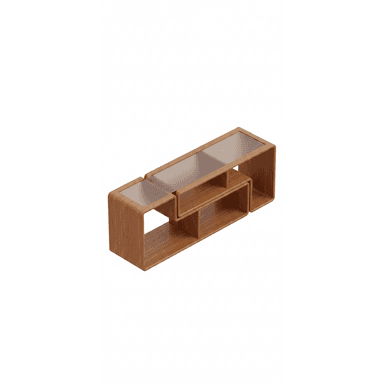 A modern media console constructed from bent plywood with a light wood grain finish, featuring two tiers of shelving and integrated smoked glass panels on the top surface. The design incorporates soft, rounded edges and an asymmetrical arrangement of storage compartments. — 3D model (AI enhanced source)