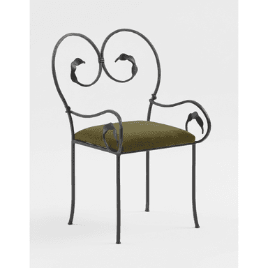 An ornate armchair featuring a dark, possibly wrought iron, frame with intricate scrollwork and leaf motifs on the backrest and armrests. It has a plush, olive green velvet upholstered seat cushion and four slender, slightly curved legs. — 3D model (AI enhanced source)