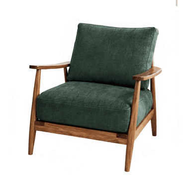 An armchair featuring an exposed wooden frame with upholstered seat and back cushions in a dark green fabric. The chair has tapered legs and curved wooden armrests, characteristic of mid-century modern design. — 3D model (AI enhanced source)