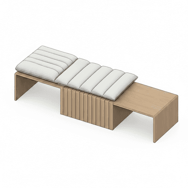 A modern bench with a wooden base and a padded, tufted top. The wooden base features a slatted design on the front of the central section and smooth, curved end supports. The top is composed of multiple segmented cushions arranged linearly. — 3D model (AI enhanced source)
