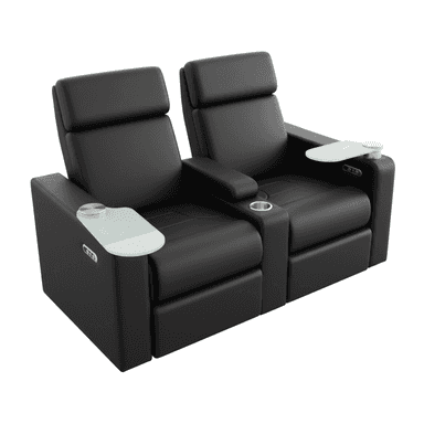 A two-seat black upholstered reclining loveseat designed for home theater environments, featuring individual power recline, integrated cup holders, and removable frosted glass swivel trays. — 3D model (AI enhanced source)