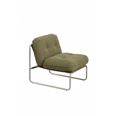 A low-slung modern lounge chair featuring a minimalist tubular metal frame and plush olive-green upholstered cushions, with the back cushion exhibiting subtle tufting. — 3D model (AI enhanced source)