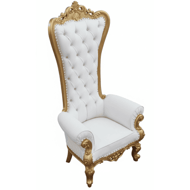 A highly ornate, white and gold chair featuring an exceptionally tall, tufted back with crystal buttons, rolled arms, and heavily carved details on its frame and legs. — 3D model (AI enhanced source)