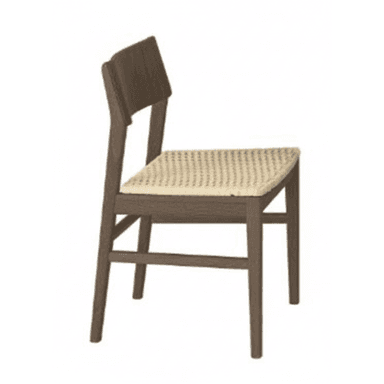 A modern dining chair featuring a dark stained wooden frame and a natural woven cane seat. The chair has straight, slightly tapered legs and a simple, curved wooden backrest. It is an armless design. — 3D model (AI enhanced source)