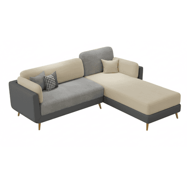 An L-shaped sectional sofa featuring a multi-tone fabric upholstery in shades of gray and beige/cream. The sofa includes a prominent chaise lounge section and is supported by slender, tapered wooden legs. It comes with two accent pillows, one solid gray and one black and white plaid. — 3D model (AI enhanced source)