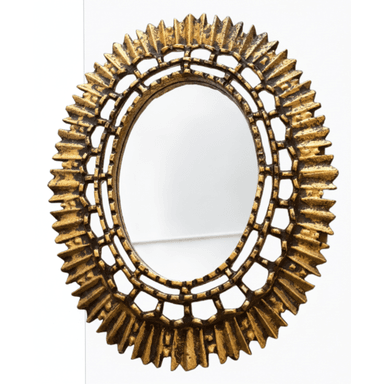 An oval wall mirror featuring a highly ornate, multi-layered sunburst frame with an antiqued gilded finish. The frame consists of an inner openwork border surrounding the oval mirror plate, from which numerous pointed, segmented 'rays' extend outwards, creating a dramatic, textured sunburst effect. The gold finish has a distressed appearance with dark patination, highlighting the intricate details and giving it an aged, historical character. — 3D model (AI enhanced source)