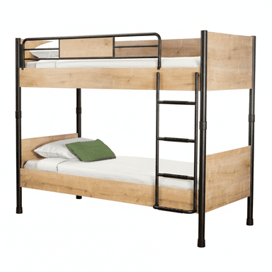 A bunk bed designed for two mattresses, featuring a metal frame with wooden-effect panels. The structure consists of two stacked beds, a ladder for access to the upper bunk, and a safety rail on the upper bunk. The lower bunk has a headboard panel and side rails. The frame is constructed from black metal tubing, and the panels are a light wood grain laminate. — 3D model (AI enhanced source)