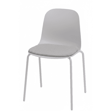 A modern armless chair featuring a light grey molded shell seat and back, an integrated upholstered light grey fabric seat cushion, and a four-leg tubular metal base. — 3D model (AI enhanced source)