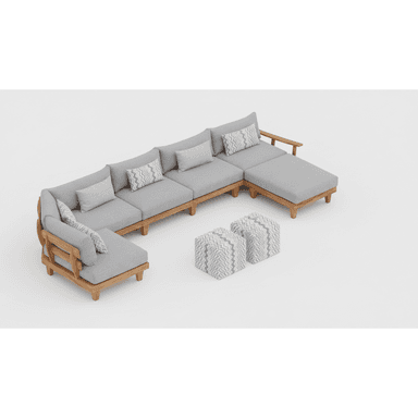 A modular outdoor sectional sofa featuring a natural teak wood frame and light grey fabric cushions. The configuration shown is a large U-shape, composed of multiple individual units including an armless chair, corner pieces, and chaises. Accent pillows with a chevron pattern are included. Two matching cube ottomans are also visible. — 3D model (AI enhanced source)
