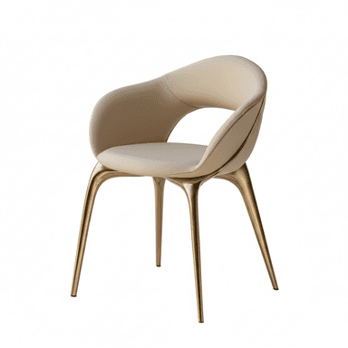 A contemporary armchair with a curved backrest and integrated armrests. The seat and back are upholstered in a light beige material. The chair is supported by four slender, gracefully curved legs with a metallic golden finish. — 3D model (AI enhanced source)