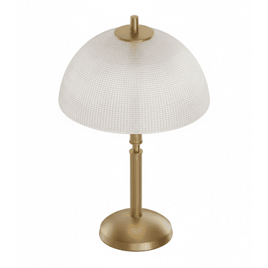 A modern table lamp featuring a polished brass finish base and a distinctive textured, off-white dome-shaped shade. The lamp has a cylindrical, fluted column connecting the base to the shade, with a small brass finial at the top of the shade. — 3D model (AI enhanced source)