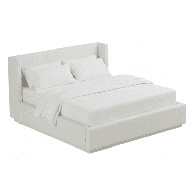 A contemporary upholstered platform bed featuring a clean, minimalist design. The headboard has subtle wingback sides that angle slightly outwards, providing a comfortable backrest. The entire frame, including the headboard and side rails, is covered in a light-colored, possibly linen-blend, fabric. The bed is designed for a mattress to sit directly on the platform, eliminating the need for a box spring. It is presented with white bedding. — 3D model (AI enhanced source)