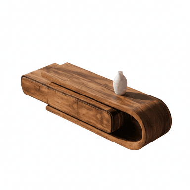 A low-profile wooden coffee table featuring a distinctive curved, cantilevered design with two integrated storage drawers. The wood exhibits a rich, dark tone and visible grain. — 3D model (AI enhanced source)