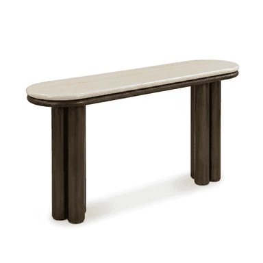 An oval-shaped console table featuring a natural travertine top and a dark-finished tubular metal base with clustered legs. — 3D model (AI enhanced source)