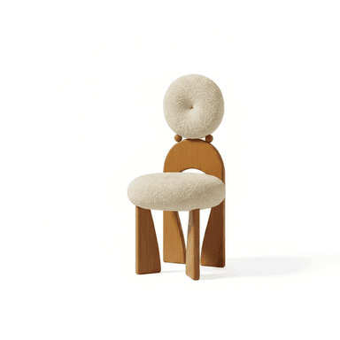 A contemporary accent chair featuring a light-toned wooden frame and cream-colored bouclé upholstery. It has a distinctive design with thick, sculptural legs, an arched wooden backrest support, and two round, plush bouclé cushions for the seat and back. — 3D model (AI enhanced source)