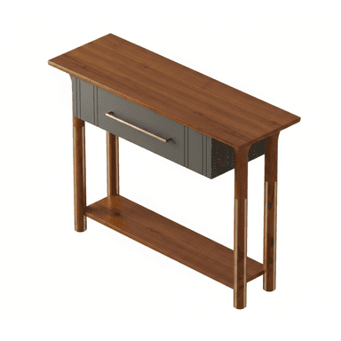 A modern, narrow console table featuring a rich brown wooden top and legs, a contrasting gray drawer with a brass pull, and a lower storage shelf, accented with vertical brass inlays on the legs. — 3D model (AI enhanced source)