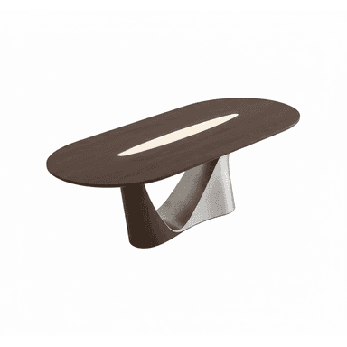 This is a modern, oval-shaped table featuring a dark brown wooden top with a prominent, elongated central strip of integrated LED lighting. The table is supported by a distinctive, sculptural base composed of two interweaving elements: one in dark wood matching the tabletop, and the other in a contrasting brushed silver or grey metal, creating a dynamic and contemporary aesthetic. — 3D model (AI enhanced source)