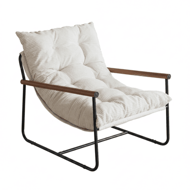 A contemporary lounge chair featuring a minimalist black metal frame, wooden armrest sleeves, and a generously padded, button-tufted off-white corduroy cushion. The design emphasizes comfort and a relaxed posture, blending industrial elements with soft, inviting upholstery. — 3D model (AI enhanced source)