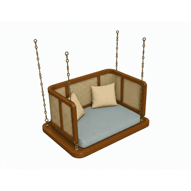 A suspended daybed swing constructed from a polished wooden frame with woven cane panels on the back and sides. It features a light blue seat cushion and two beige throw pillows, all suspended by antique brass-toned chains. — 3D model (AI enhanced source)