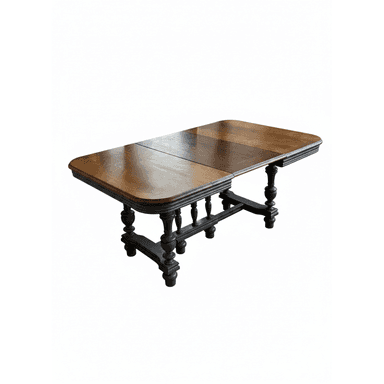 A traditional extendable dining table featuring a polished dark oak tabletop with rounded corners and a dark-stained or ebonized wood base with turned baluster legs and a stretcher system. The table has visible leaves, indicating an extension mechanism. — 3D model (AI enhanced source)