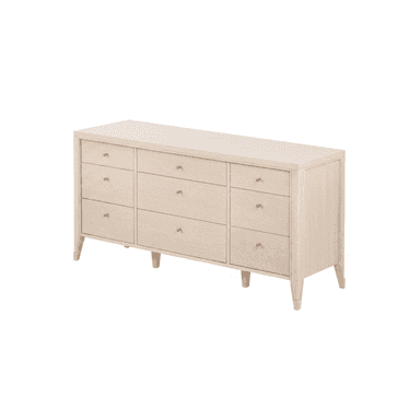 A contemporary dresser featuring nine drawers, a light wood finish, and minimal brass knob hardware, standing on tapered legs. — 3D model (AI enhanced source)